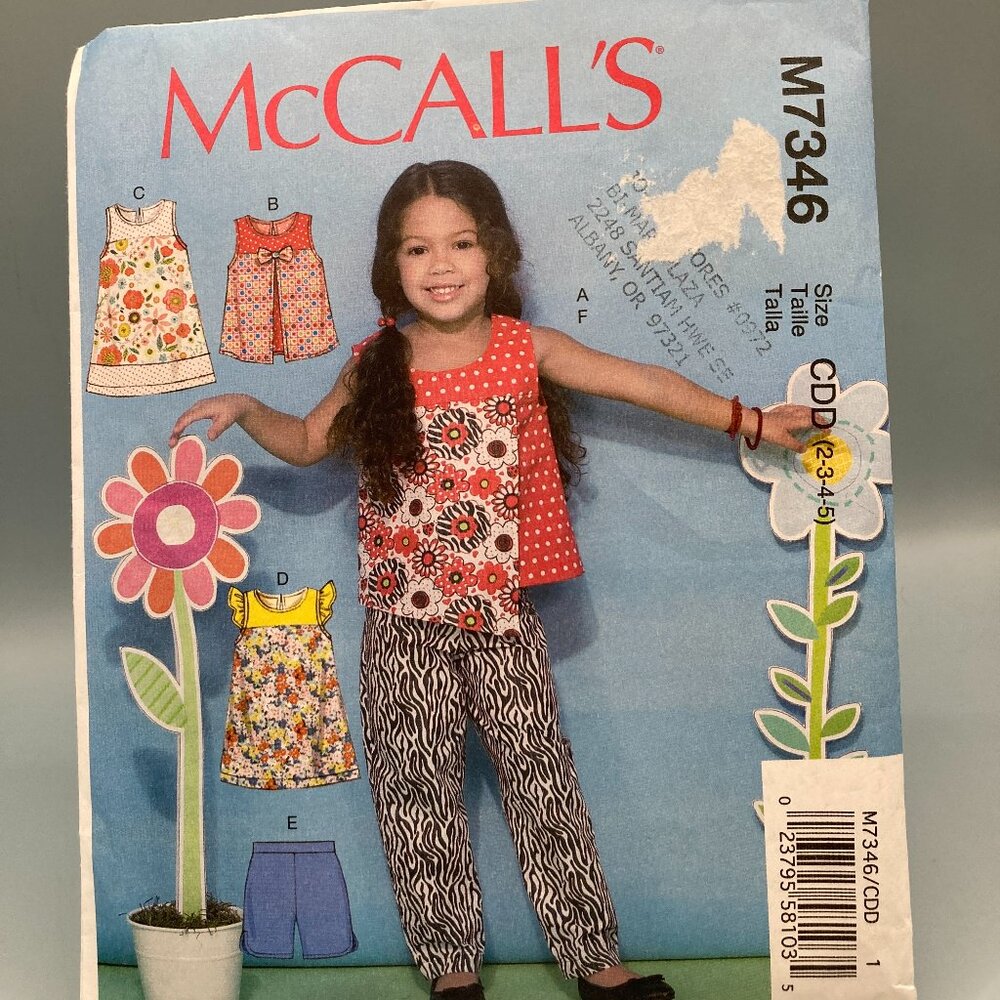 McCalls  Uncut Pattern  #M7346  Size CDD (2-3-4-5)  Girls Summer Outfits 6 Piece